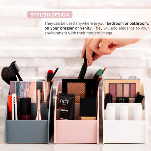 EDNA HOME Makeup Organizers, 3-Set, Cosmetics and Jewelry Holders with Triple Compartment, HQ Plastic, Suitable for Dresser, Bathroom, Nightstand, Vanity & Countertop, White/Gray/Rose, Made in Europe